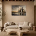 Charcoal Gold Abstract Skyline Executive Office Wall Art Canvas Print presented in a sophisticated home setting