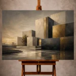 Charcoal and brushed gold Executive Office Wall Art print featuring monumental geometric volumes for elegant interiors