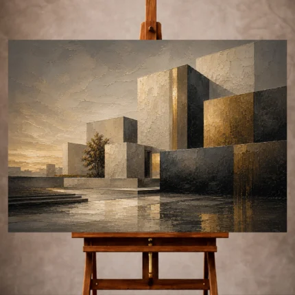 Charcoal and brushed gold Executive Office Wall Art print featuring monumental geometric volumes for elegant interiors