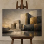 Charcoal Gold Geometric Volumes Executive Office Wall Art Canvas Print displayed on a studio easel