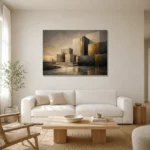 Charcoal Gold Geometric Volumes Executive Office Wall Art Canvas Print styled in a refined neutral interior