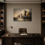 Charcoal Gold Geometric Volumes Executive Office Wall Art Canvas Print displayed in a contemporary gallery-inspired room