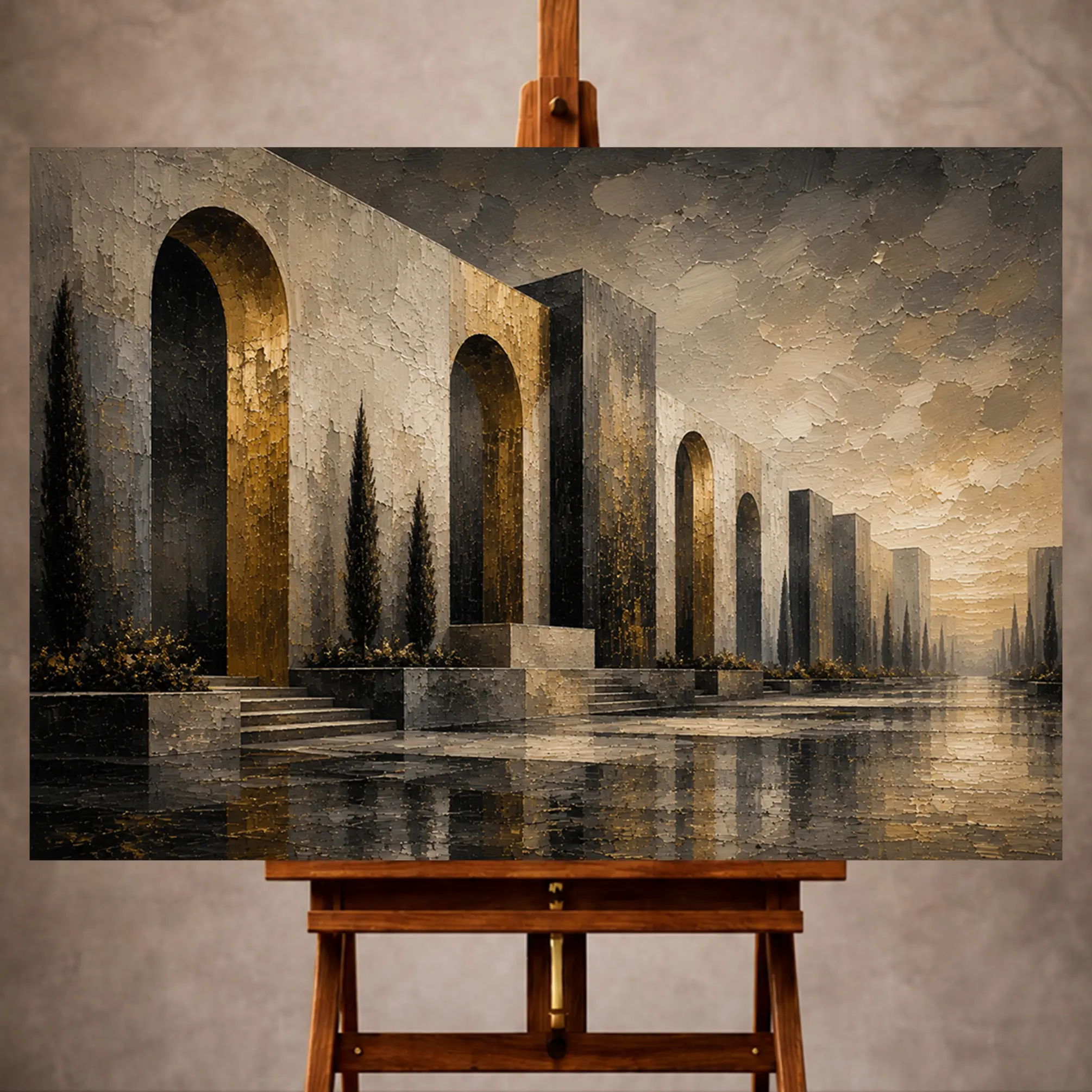 Premium Wall Art Yatay Html Edition – 0ffice014 Image 1 Charcoal and antique gold Executive Office Wall Art print featuring monumental arches and textured stone facades for elegant interiors