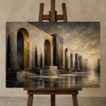 Charcoal Gold Monumental Arches Executive Office Wall Art Canvas Print displayed on a studio easel
