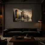 Charcoal Gold Monumental Arches Executive Office Wall Art Canvas Print shown in a warm modern interior
