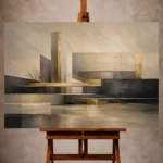 Charcoal and champagne gold Executive Office Wall Art print featuring a minimalist layered linear landscape for elegant interiors