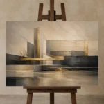 Charcoal Gold Linear Landscape Executive Office Wall Art Canvas Print displayed on a studio easel