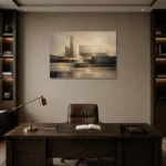 Charcoal Gold Linear Landscape Executive Office Wall Art Canvas Print displayed in a contemporary gallery-inspired room