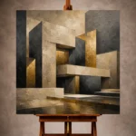 Charcoal and antique gold Executive Office Wall Art print featuring interlocking sculptural geometric forms for elegant interiors