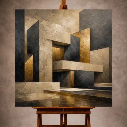 Charcoal and antique gold Executive Office Wall Art print featuring interlocking sculptural geometric forms for elegant interiors