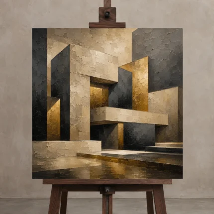 Charcoal Gold Geometric Forms Executive Office Wall Art Canvas Print shown in Studio Easel