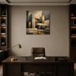 Charcoal Gold Geometric Forms Executive Office Wall Art Canvas Print displayed in a contemporary gallery-inspired room