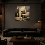 Charcoal Gold Geometric Forms Executive Office Wall Art Canvas Print shown in a warm modern interior