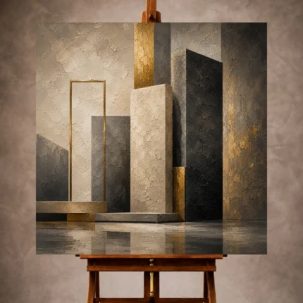Charcoal and champagne gold Executive Office Wall Art print featuring textured stone monoliths for elegant interiors