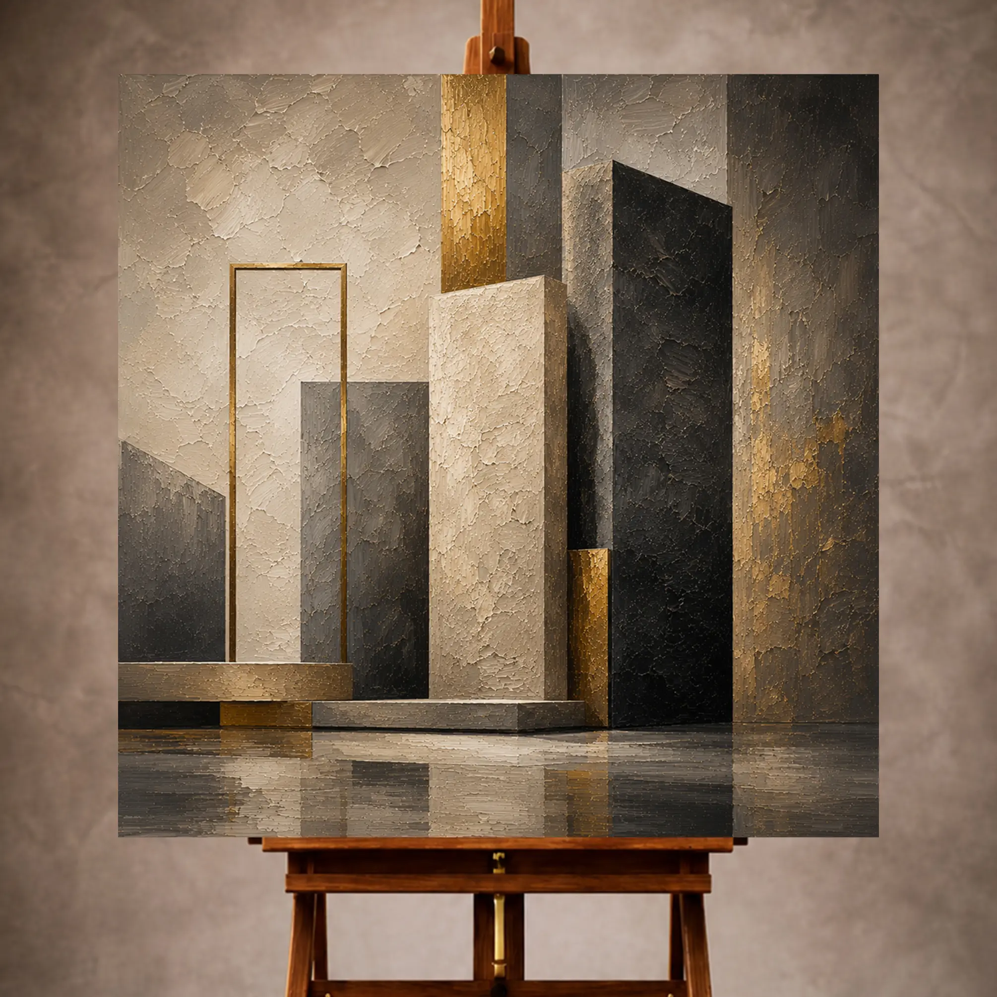 Premium Wall Art Kare Html Edition – 0ffice017 Image 1 Charcoal and champagne gold Executive Office Wall Art print featuring textured stone monoliths for elegant interiors