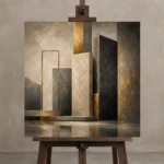 Charcoal Gold Stone Monoliths Executive Office Wall Art Canvas Print displayed on a studio easel