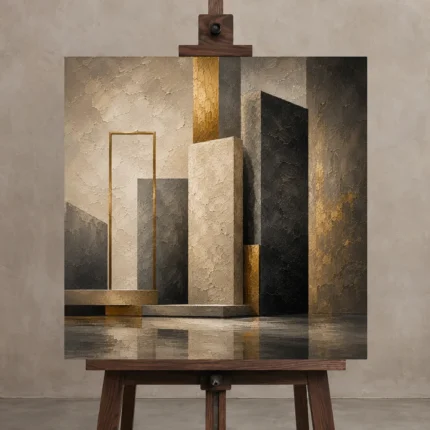 Charcoal Gold Stone Monoliths Executive Office Wall Art Canvas Print shown in Studio Easel