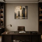 Charcoal Gold Stone Monoliths Executive Office Wall Art Canvas Print displayed in a contemporary gallery-inspired room