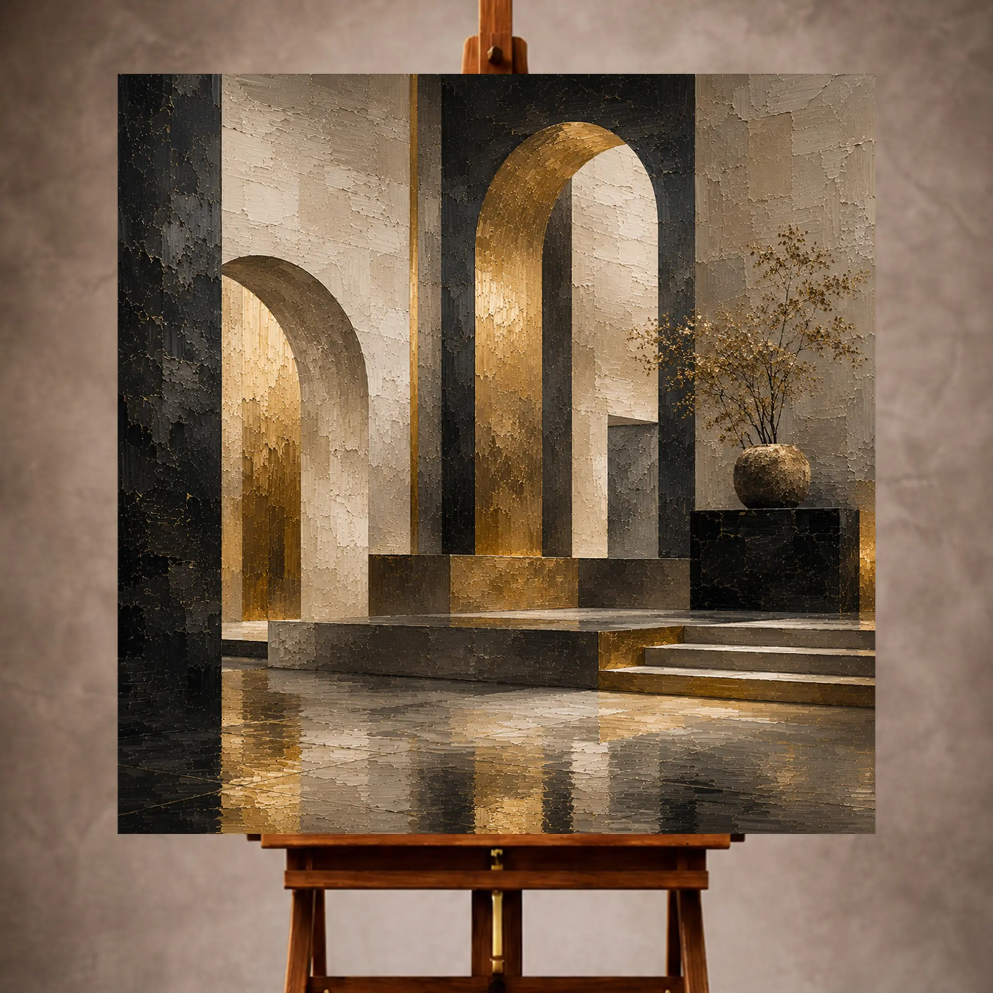 Premium Wall Art Kare Html Edition – 0ffice018 Image 1 Charcoal and brushed gold Executive Office Wall Art print featuring monumental arches and polished stone surfaces for elegant interiors