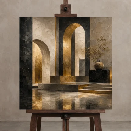 Charcoal Gold Monumental Arches Executive Office Wall Art Canvas Print shown in Studio Easel