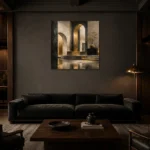 Charcoal Gold Monumental Arches Executive Office Wall Art Canvas Print shown in a warm modern interior