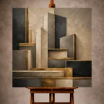 Charcoal and antique gold Executive Office Wall Art print featuring layered architectural blocks and refined linear inlays for elegant interiors