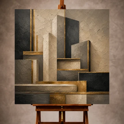 Charcoal and antique gold Executive Office Wall Art print featuring layered architectural blocks and refined linear inlays for elegant interiors