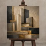Charcoal Gold Architectural Blocks Executive Office Wall Art Canvas Print displayed on a studio easel