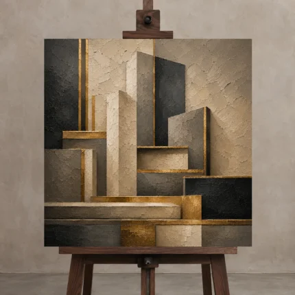 Charcoal Gold Architectural Blocks Executive Office Wall Art Canvas Print shown in Studio Easel