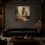 Charcoal Gold Architectural Blocks Executive Office Wall Art Canvas Print shown in a warm modern interior