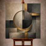 Charcoal and gold Executive Office Wall Art print featuring a circular architectural motif with textured geometric planes for elegant interiors