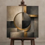 Charcoal Gold Circular Motif Executive Office Wall Art Canvas Print displayed on a studio easel