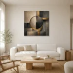 Charcoal Gold Circular Motif Executive Office Wall Art Canvas Print styled in a refined neutral interior
