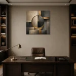 Charcoal Gold Circular Motif Executive Office Wall Art Canvas Print displayed in a contemporary gallery-inspired room