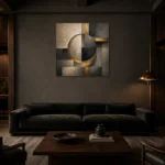 Charcoal Gold Circular Motif Executive Office Wall Art Canvas Print shown in a warm modern interior