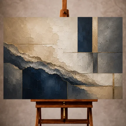 Warm beige and navy Abstract Office Wall Art print featuring layered mineral textures across broad geometric planes for elegant interiors