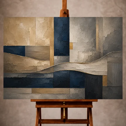 Sandstone and navy Abstract Office Wall Art print featuring architectural rectangles and sculptural textures for elegant interiors