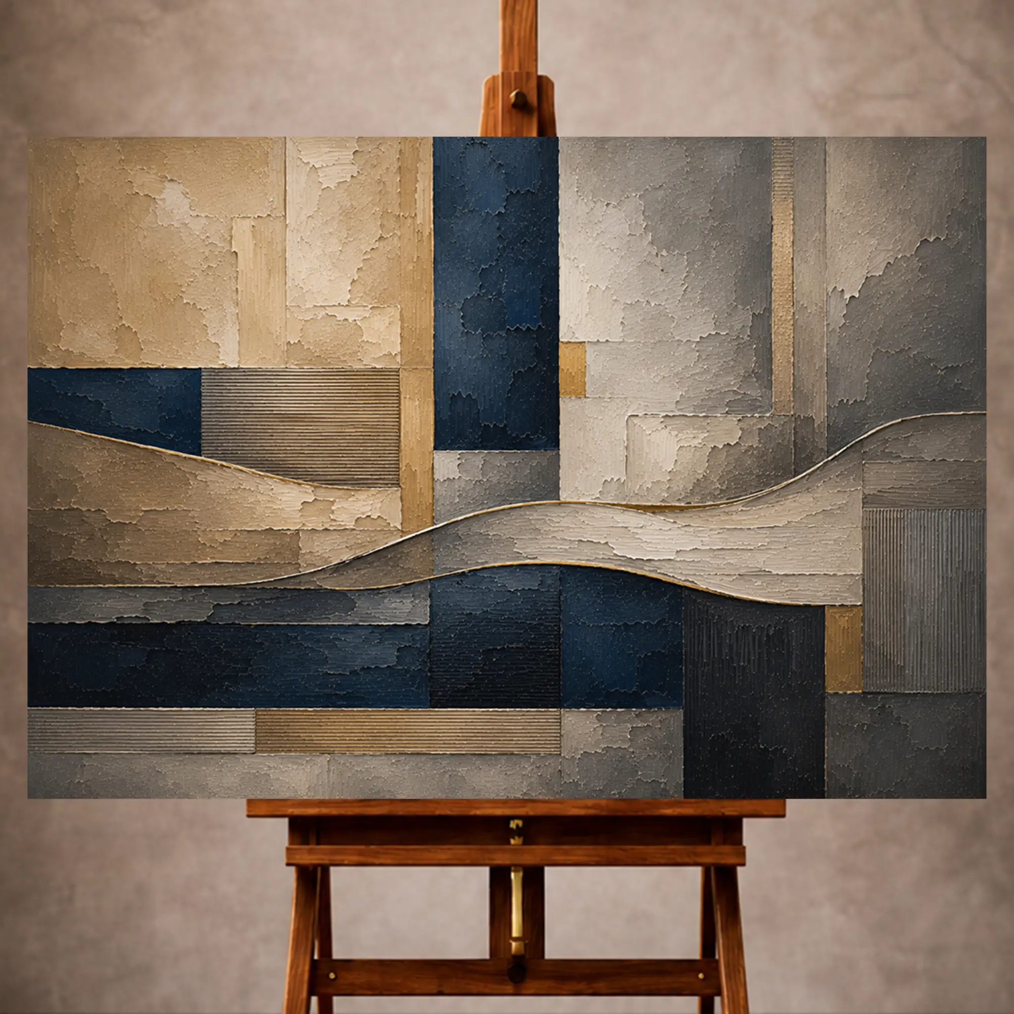 Premium Wall Art Yatay Html Edition – 0ffice027 Image 1 Sandstone and navy Abstract Office Wall Art print featuring architectural rectangles and sculptural textures for elegant interiors