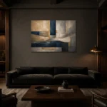 Panoramic Architectural Abstract Office Wall Art Canvas Print shown in a warm modern interior