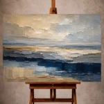 Deep navy and beige Abstract Office Wall Art print featuring layered coastal horizons for elegant interiors