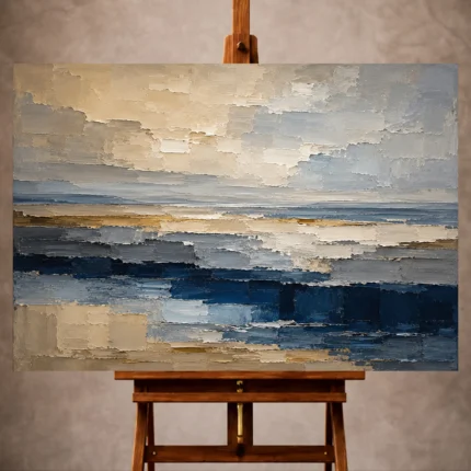 Deep navy and beige Abstract Office Wall Art print featuring layered coastal horizons for elegant interiors