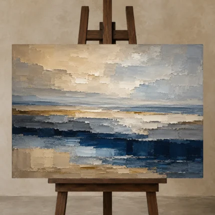 Tranquil Coastal Horizon Abstract Office Wall Art Canvas Print displayed on a studio easel