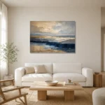 Tranquil Coastal Horizon Abstract Office Wall Art Canvas Print styled in a refined neutral interior