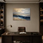 Tranquil Coastal Horizon Abstract Office Wall Art Canvas Print displayed in a contemporary gallery-inspired room