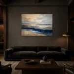 Tranquil Coastal Horizon Abstract Office Wall Art Canvas Print shown in a warm modern interior