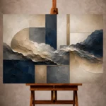 Creamy beige and navy Abstract Office Wall Art print featuring textured organic forms and minimalist geometric structures for elegant interiors