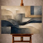 Beige and navy Abstract Office Wall Art print featuring layered plaster textures, architectural contours, and flowing linear accents for elegant interiors