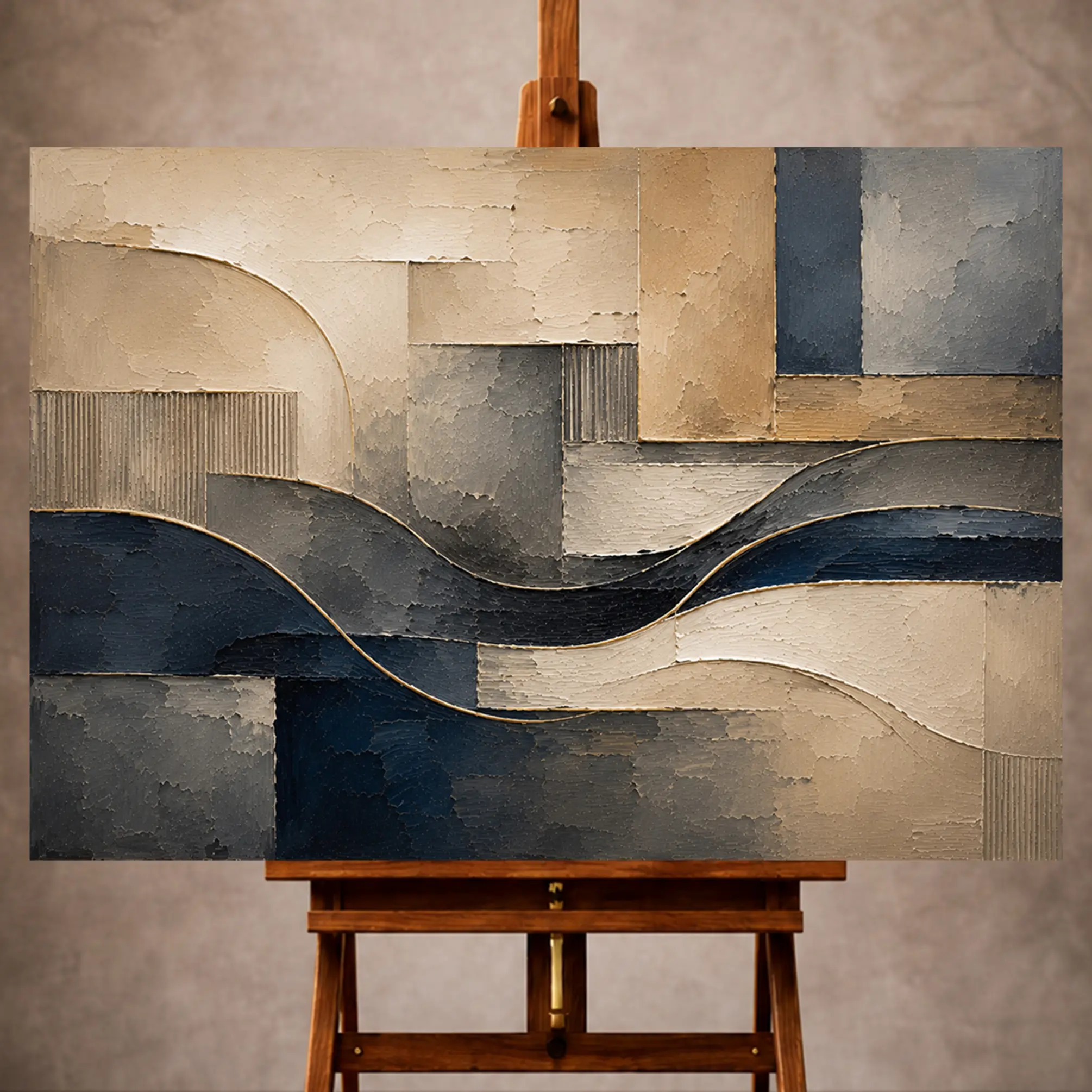 Premium Wall Art Yatay Html Edition – 0ffice030 Image 1 Beige and navy Abstract Office Wall Art print featuring layered plaster textures, architectural contours, and flowing linear accents for elegant interiors