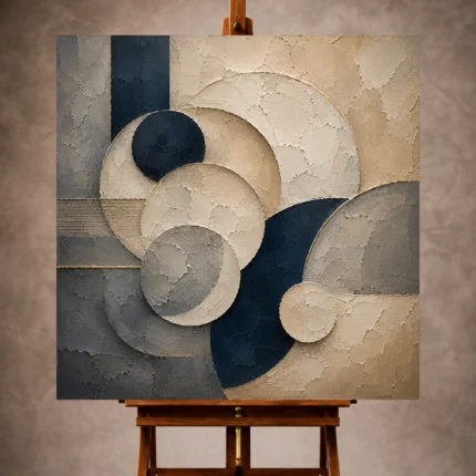 Warm beige and navy Abstract Office Wall Art print featuring layered circular forms and sculptural plaster textures for elegant interiors