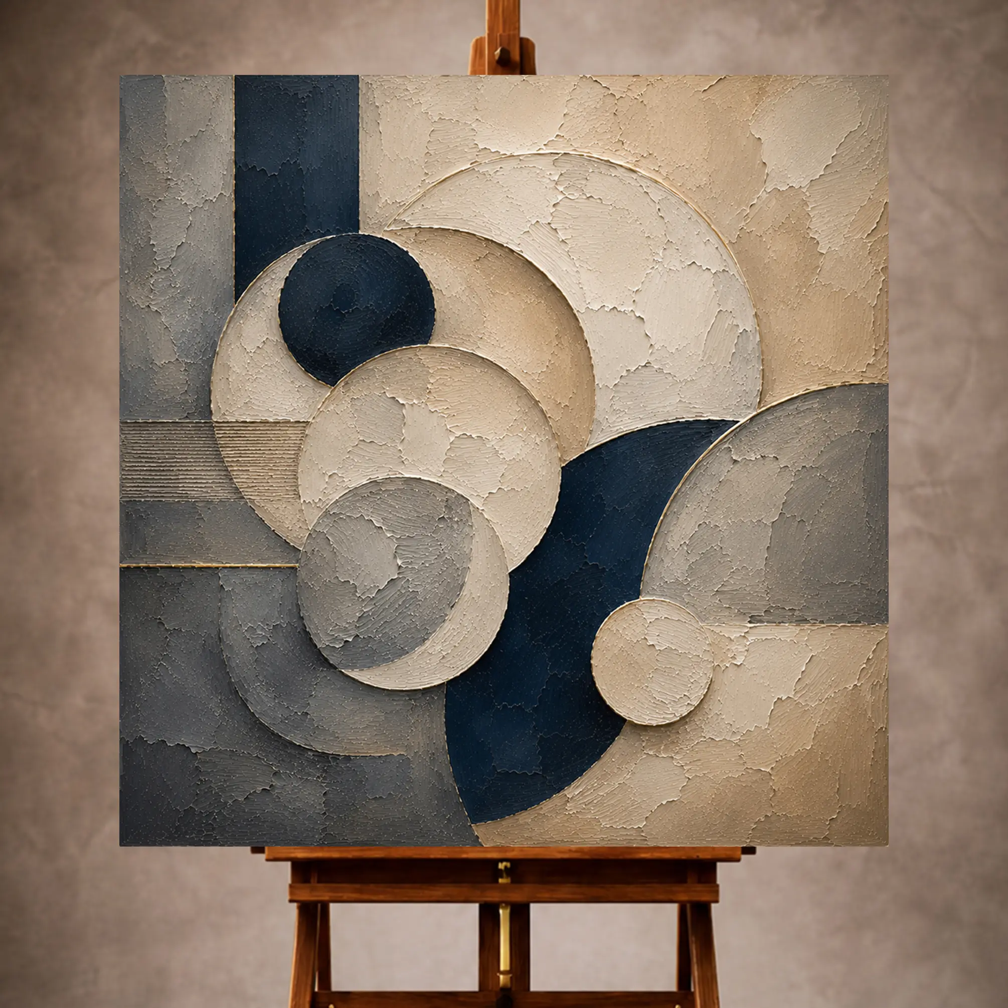 Premium Wall Art Kare Html Edition – 0ffice031 Image 1 Warm beige and navy Abstract Office Wall Art print featuring layered circular forms and sculptural plaster textures for elegant interiors